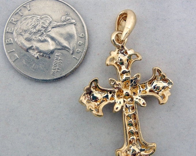 Small Gold-tone Filigree Cross Pendant AB Topaz Rhinestones