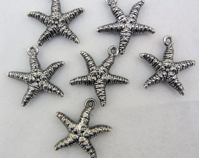 Set of 6 Metalic Plastic Antique Silver-tone Textured Starfish Charms