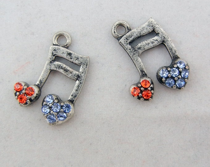 Small Pair of Antique Silver-tone Red and Blue Rhinestone Musical Note Charms