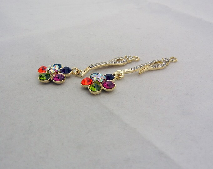 Pair of Gold-tone Crystal Flower Drop Charms Colorful Rhinestones