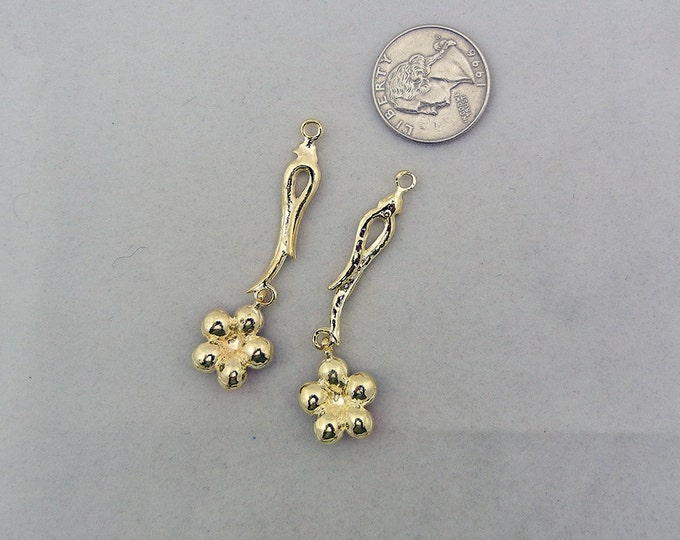 Pair of Gold-tone Crystal Flower Drop Charms Colorful Rhinestones