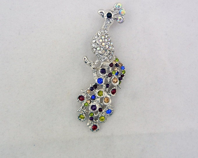 Silver-tone Peacock Pendant with Multi Color Rhinestones