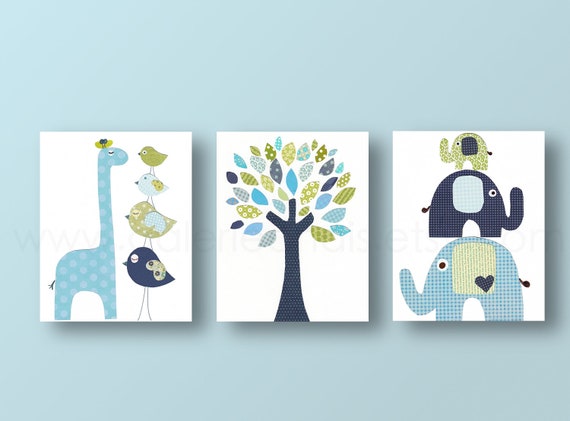 Giraffe nursery elephant nursery Baby Boy Nursery Decor tree art blue green navy nursery art baby wall art - Set of 3 Prints from Paris by GalerieAnais