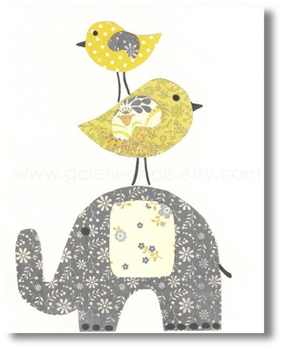 Elephant nursery yellow and gray Kids wall art - nursery decor - baby wall art - children art kids room decor - Best Friends print by GalerieAnais