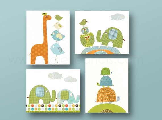 Baby boy Nursery decor owl nursery art giraffe nursery elephant nursery turtle Kids room decor children's art for Kids Set of four prints by GalerieAnais