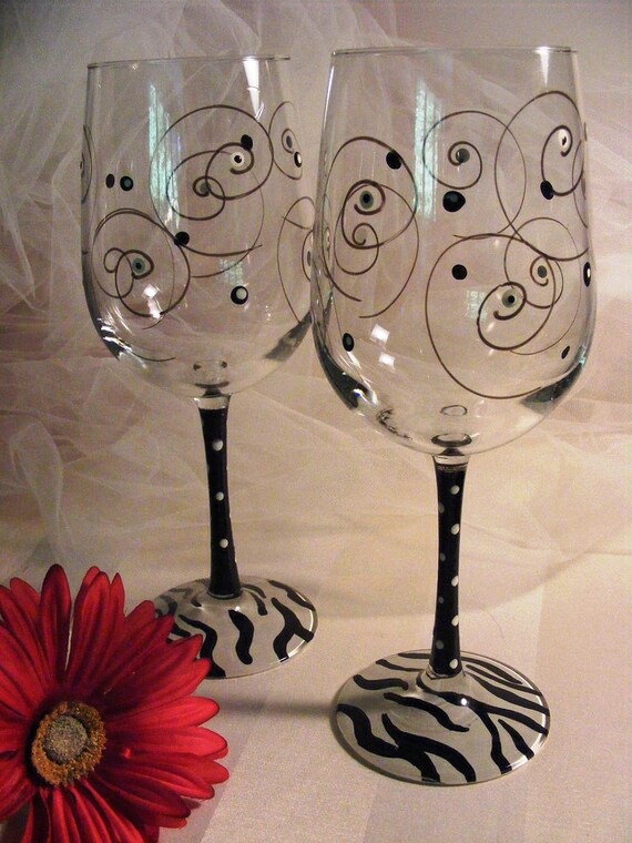 zebra wine glasses with swirls and polka dots by DelightfulFinds