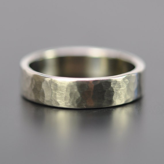 Men's 5mm White Gold Hammered Wedding Band, 14K Palladium White Gold ...