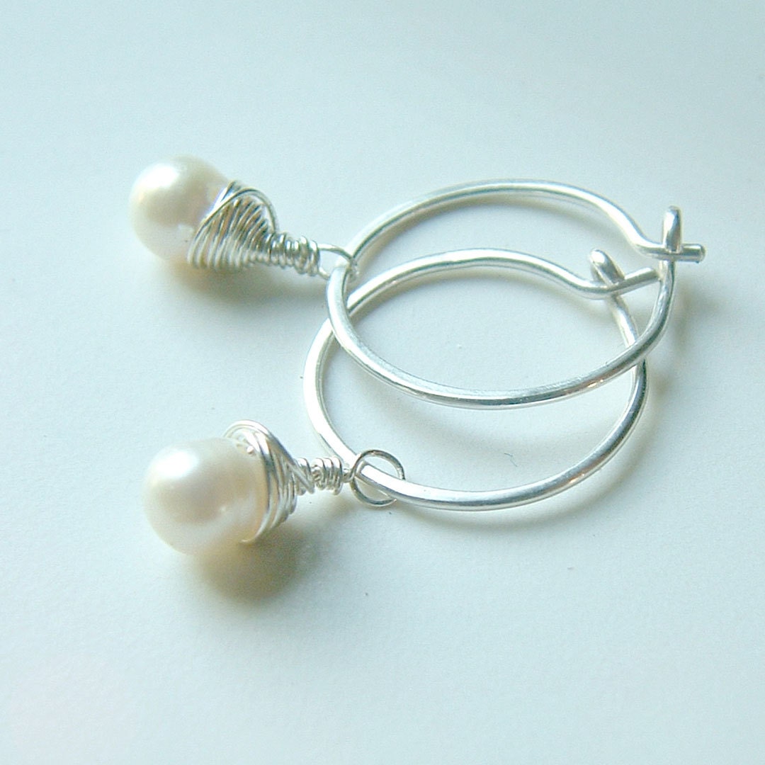 Small Silver Hoop Earrings Wire Wrap Pearl Dangle Hoops eco