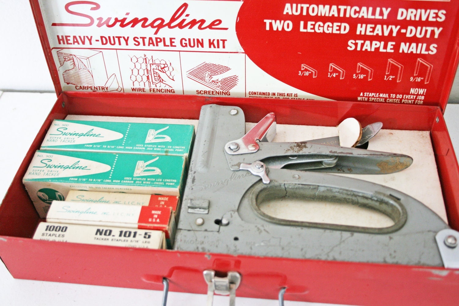 vintage 50s Swingline Staple Gun No. 900 Kit Stapler Tool Box