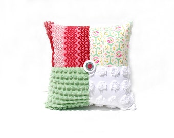 Chenille Pillow - Raspberry Claudette - Green Pink Vintage Chenille Handmade Charm Pillow