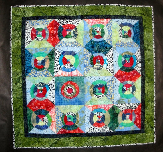 Wall Art Hanging Hand Quilted  Trust In The Lord  Proverbs 3:5 Green Red Blue Batik Art