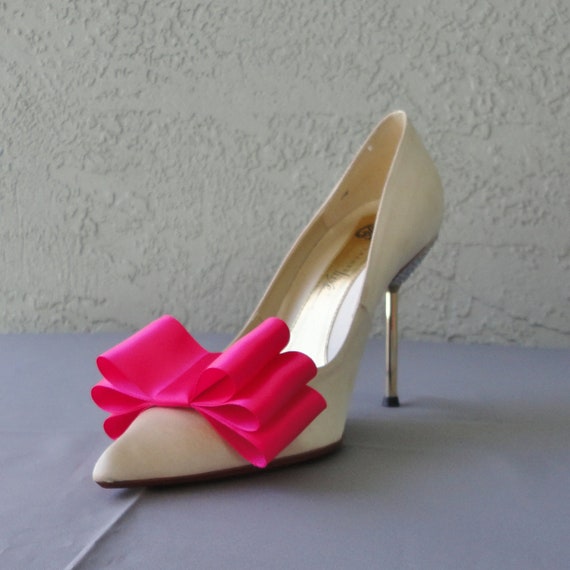 Hot Pink Satin Ribbon Bow Shoe Clips Set Of Two, More Colors Available