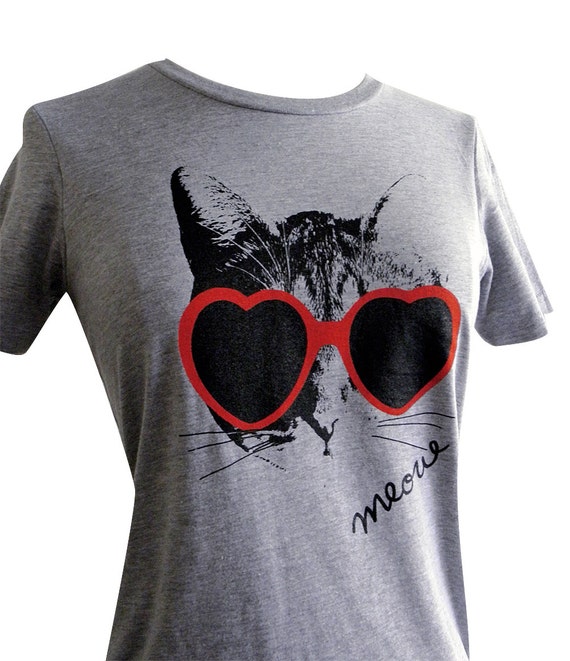 Women's Cat T-Shirt - Heart Sunglasses Kitty Meow T Shirt - (Available in sizes S, M, L, XL, 2XL)