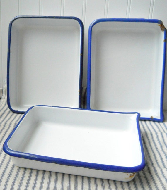 3 Vintage Enamel Photo trays blue and white Cesco enamelware