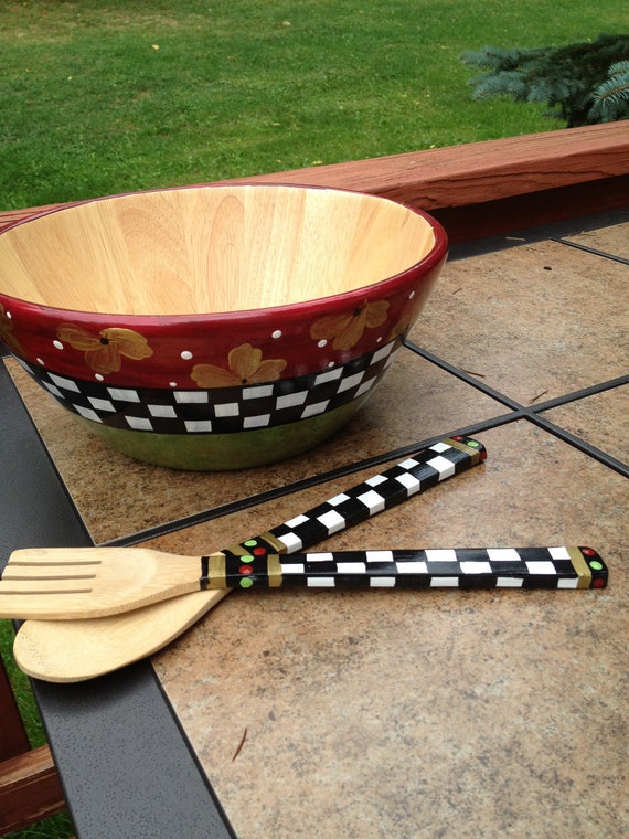 Items similar to Wooden Salad Bowl with Matching Utensils Hand Painted
