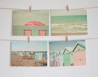 Postcard Set, Seaside Art, Beach Photography, Pastel Colors, Affordable Art, Beach Huts, Deck Chairs - Vacation