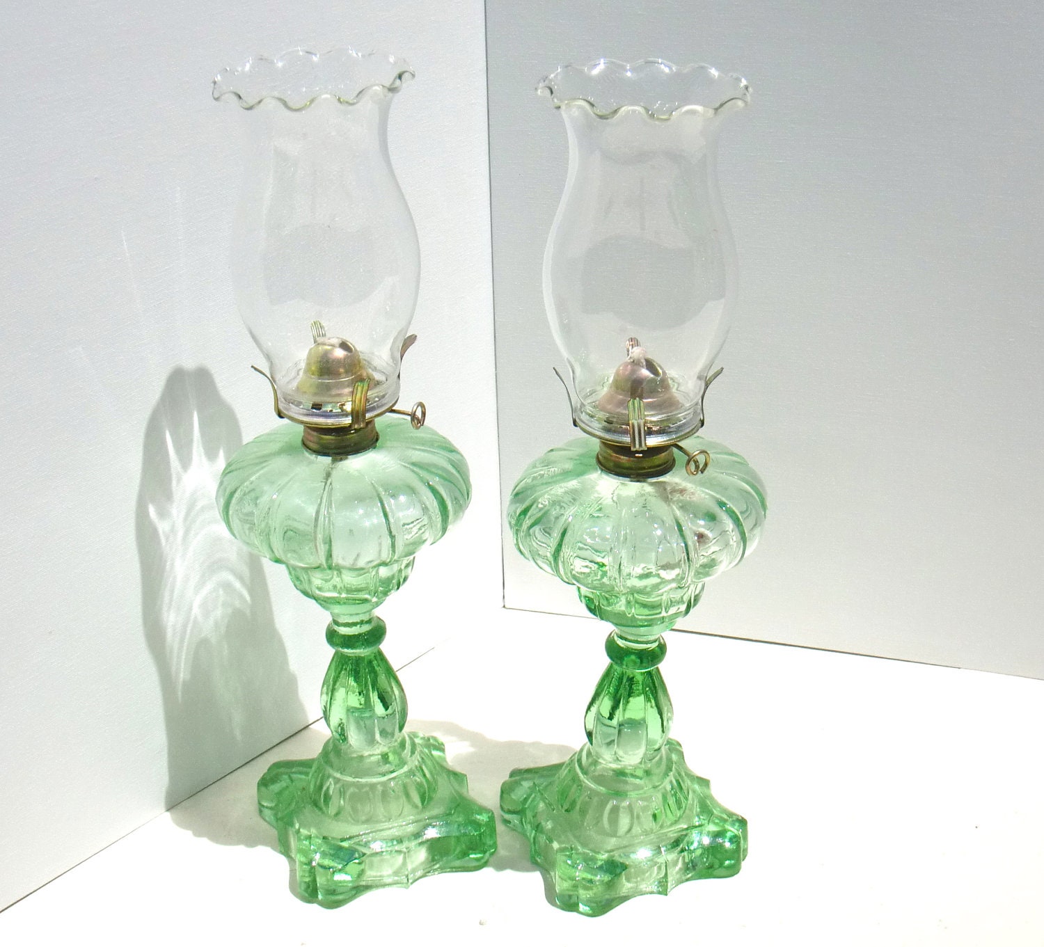 Vintage Deco Green Glass Hurricane Oil Lamps Pair of Gas