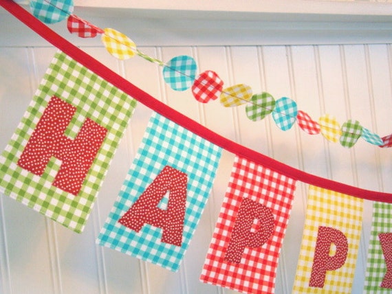 Gingham Fabric Birthday Banner Red Aqua Yellow and Lime