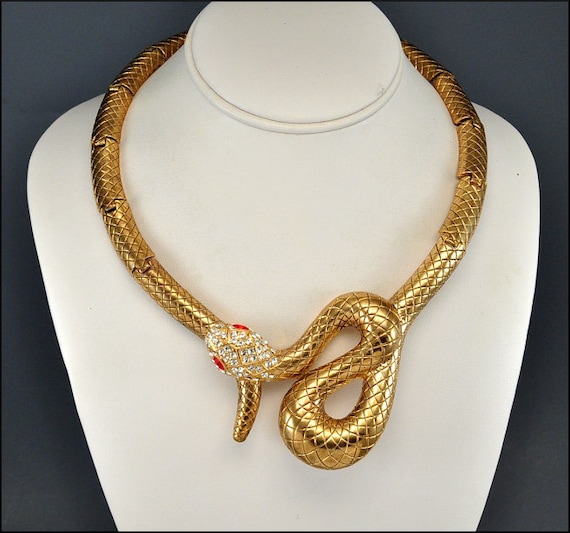 Rhinestone Gold Snake Necklace Vintage Jewelry Statement