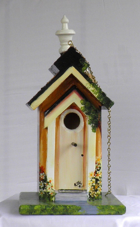 OOAK Church Birdhouse With Stained Glass by BirdhouseBlessings