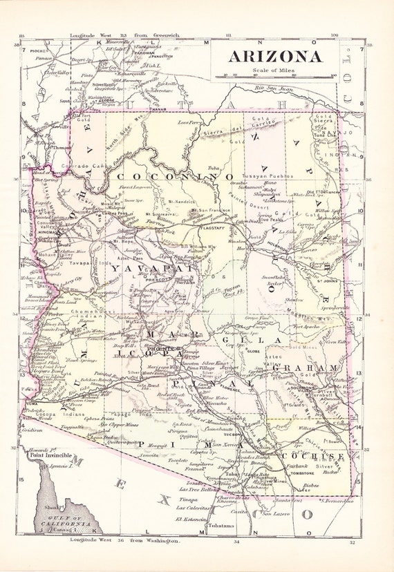 1897 State Map Arizona Vintage Antique Map Great for Framing