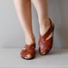 brown leather sandals / 80s leather sandals / cross strap shoes
