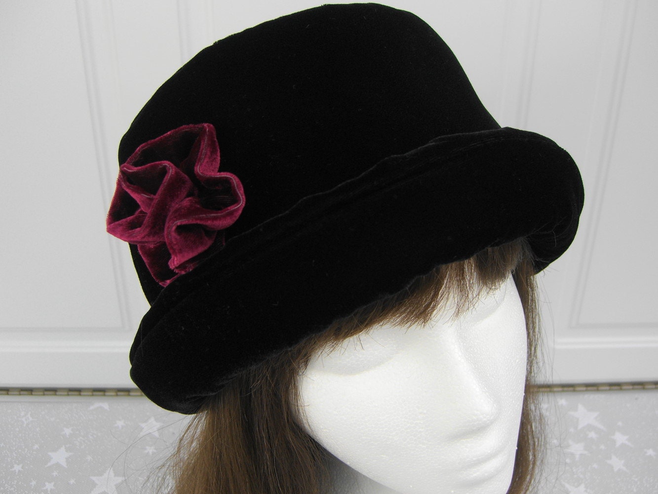 Rich Black VELVET Hat with burgundy velvet rose Women's