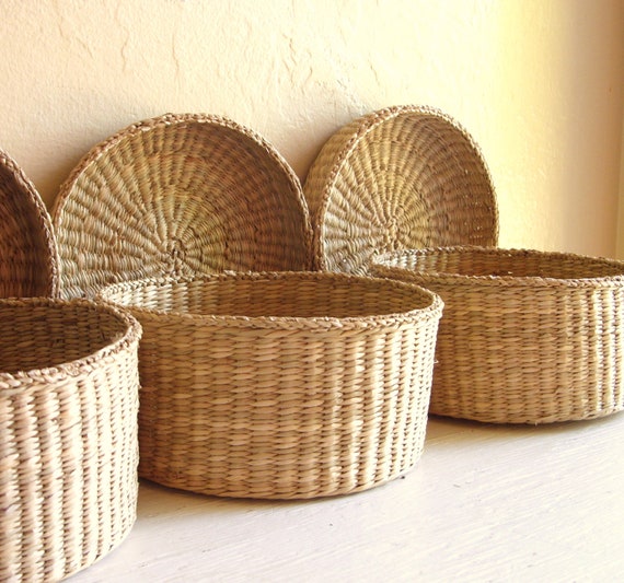 RESERVED Trio of Vintage Woven Baskets with Lids Round Storage