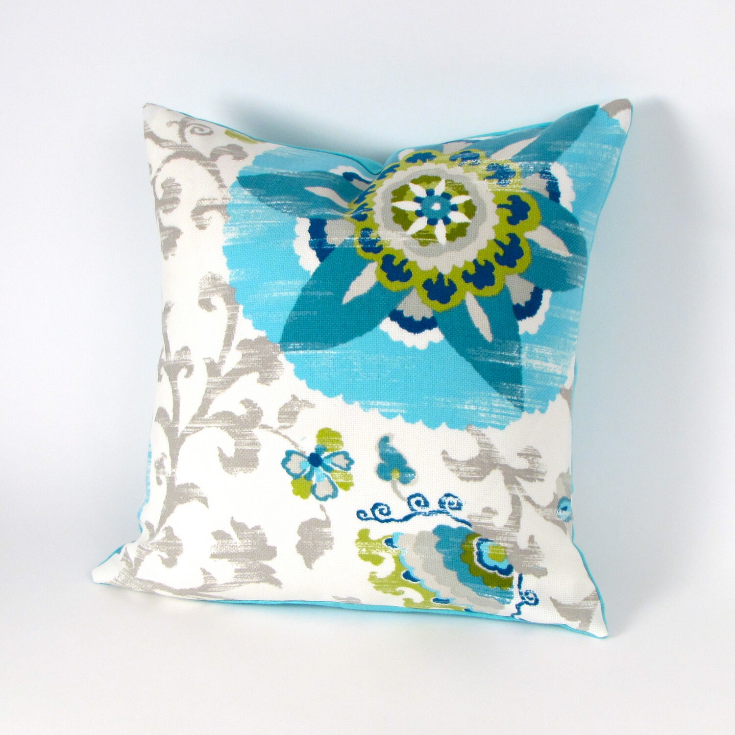 Suzani Turquoise and Gray Pillow Cover 18 inch by MiCasaBella