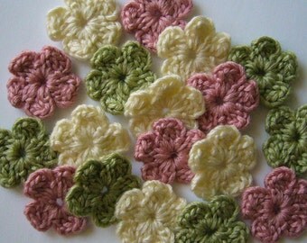 Wool Crocheted Flowers - Pink, Green and Cream - Crocheted Flower Appliques - Crocheted Flower Embellishments - Set of 6