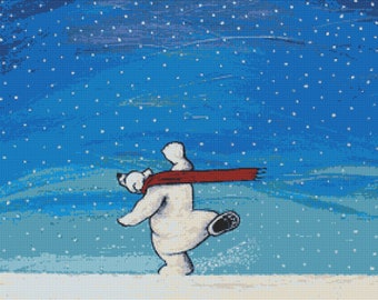 Winter Cross Stitch Kit, Needlecraft, Kit, Polar Bear, Stitching,, Robert Bretz, Ice Skating, Modern Counted Stitch Pattern, Handmade