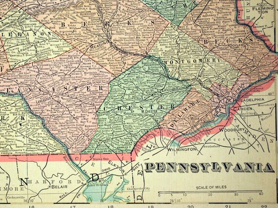 1901 Large Vintage Map of Pennsylvania Antique Pennsylvania