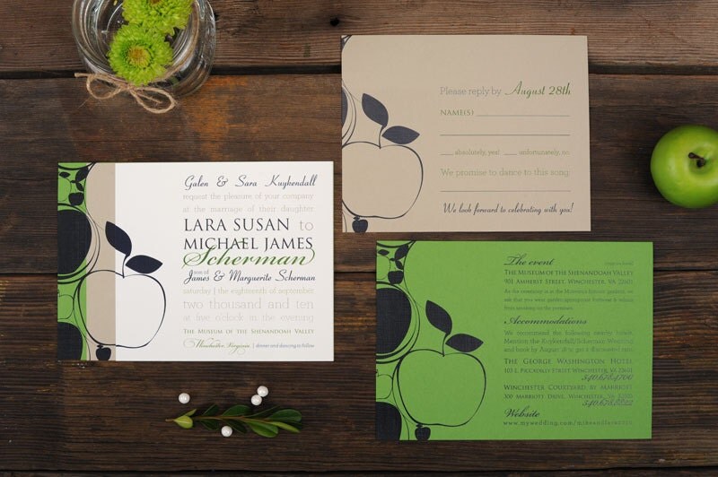 Apple Orchard Wedding Invitations Green Navy Swirl Set
