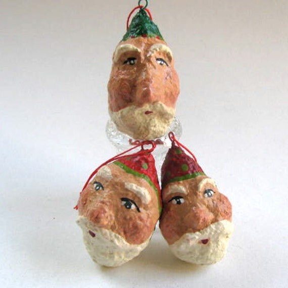 Paper Mache Santa Ornaments Handmade Santa Heads by DodadChick