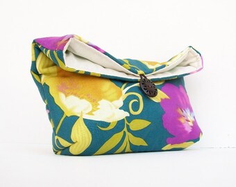 Navy Clutch, Gold and Purple Floral Clutch, Bridesmaid Gift, Bridesmaid Clutch Purse, Under 25, Makeup Bag