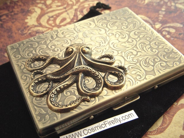Corner Octopus Cigarette Case Oversized Business Card Holder Gothic Victorian Steampunk Vintage Inspired Antiqued Gold Brass Tone Metal
