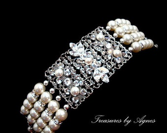 Bridal bracelet, Wedding pearl bracelet, Bridal cuff bracelet, Wedding jewelry Statement bracelet, Swarovski crystal bracelet, Vintage style
