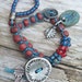 Knotted Bracelet Teal Linen with Gunmetal, Pewter, Red and Denim Blue Glass and Stoneware Charm