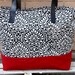Canvas Tote Bag with leather straps in Black Geometric print & Red bottom - Leather, Beach Bag, Shoulder Bag, Large Tote, Diaper Bag