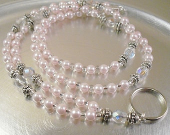 ID Necklace, Badge Holder, ID Lanyard - Light Pink Glass Pearl and Aurora Borealis Crystal Glass