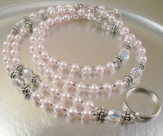 ID Necklace Badge Holder ID Lanyard Light Pink Glass Pearl