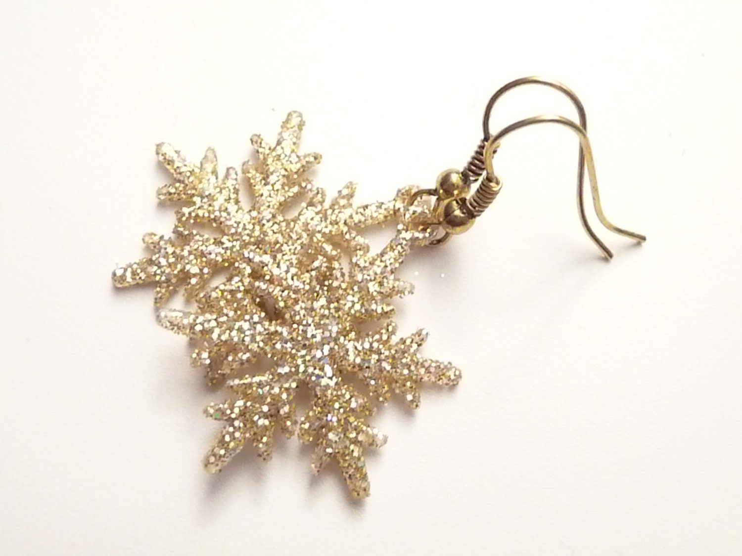 Gold Earrings Snowflake Earrings Holiday Earrings Glitter