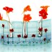 Red Poppy Fused glass Curved vase dwvided to three vases in Calm Blue Sky colors