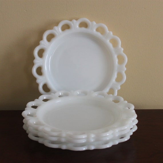 Vintage Set of Four Milk Glass Plates
