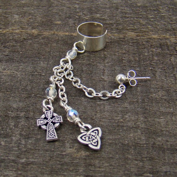 Celtic cross ear cuff with chain dangles and by laurelmoonjewelry