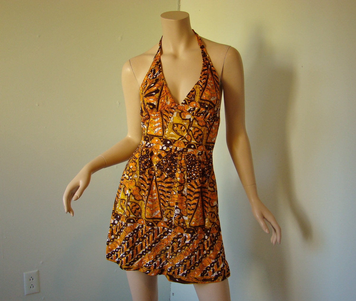 Halter Mini  Dress  Batik  Print Orange Brown by 