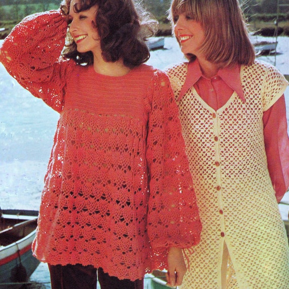 crochet waistcoat lace pattern Smock Tunic Lacy Pattern and Sleeved Vest Waistcoat 1970s Cap Crochet