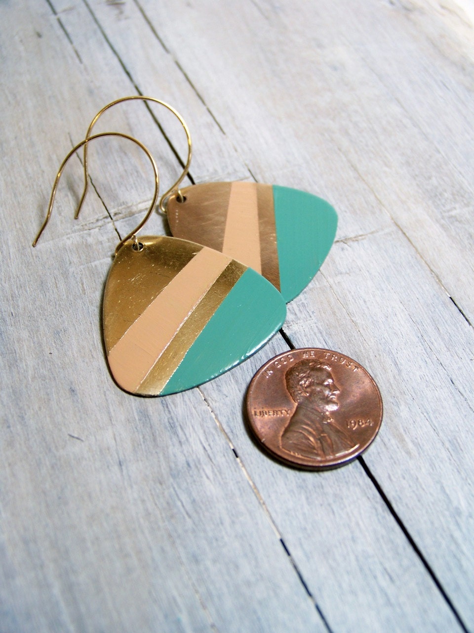 Hand painted guitar pick earrings peach and green