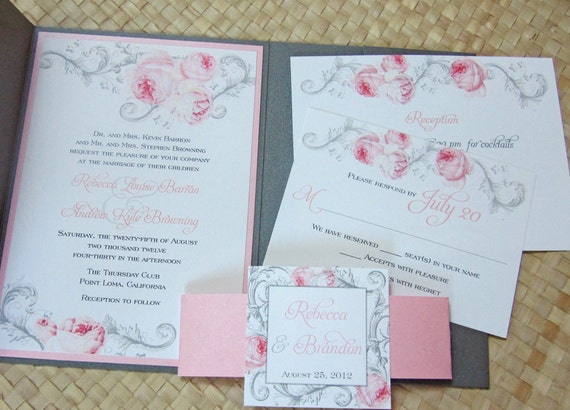 Pocketfold Wedding Invitation in Pink and Gray