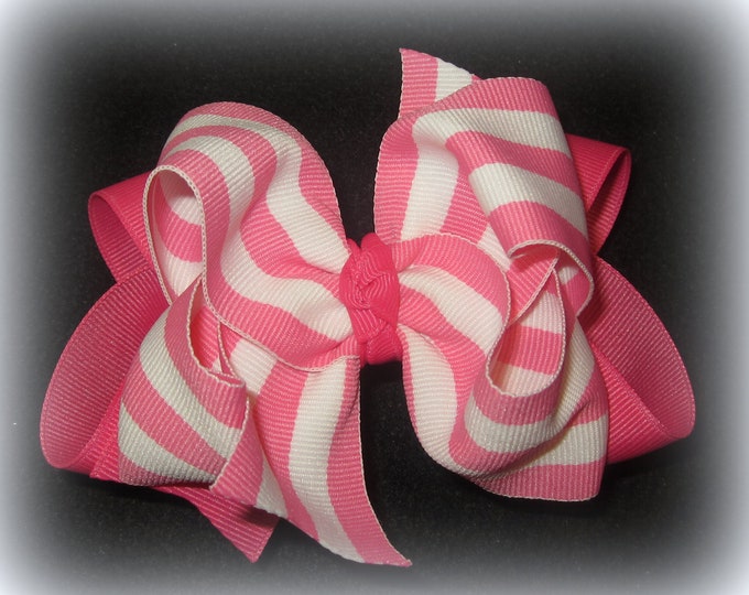 Pink Striped Hair Bow, Double Layered Bows, Boutique Hairbow, Toddler Hairbow, Striped Bows, 5 Inch bows, boutique hairbow, baby hairbow,